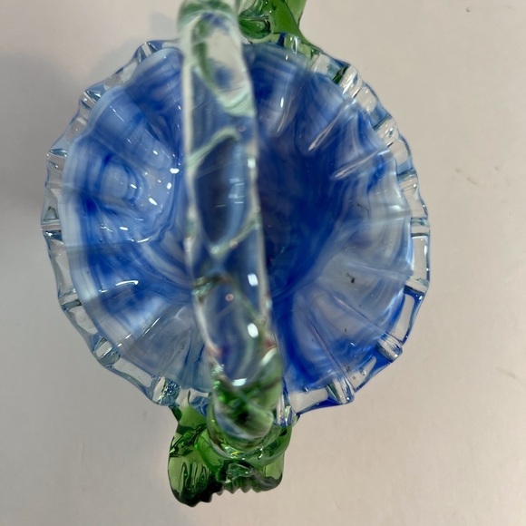 Bohemian Glass Handblown Blue and White Swirl Basket with Ruffled Edge - Picture 6 of 10